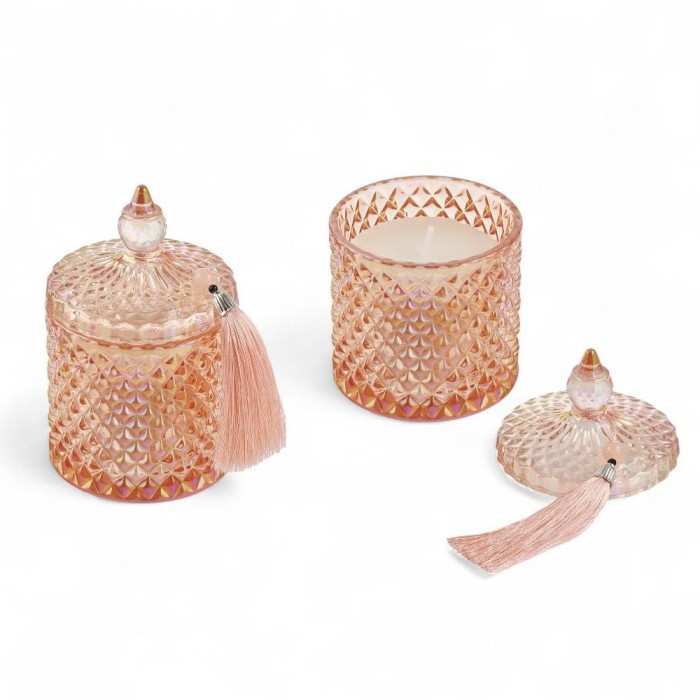 CANDELA VETRO 8X13CM ROSA CON NAPPINA